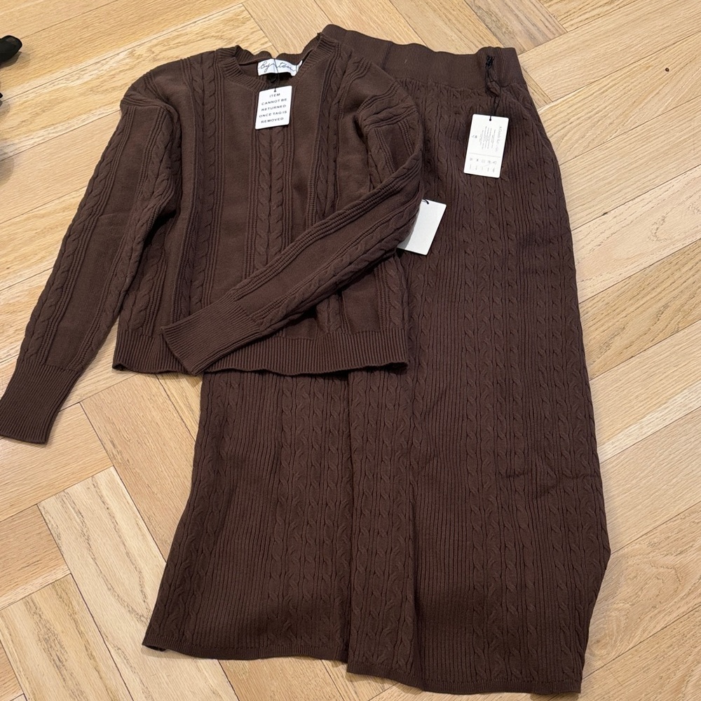 Brown Cable-Knit Women’s Sweater Set - Long Skirt & Pullover